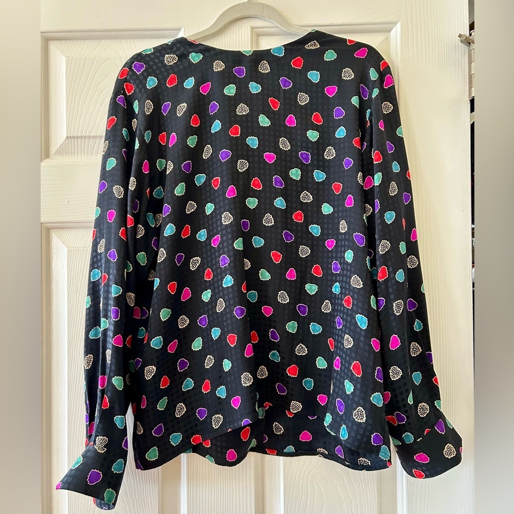 Anne Klein II Vintage 1980s 1990s 100% Silk Black Blouse Geometric Womens L